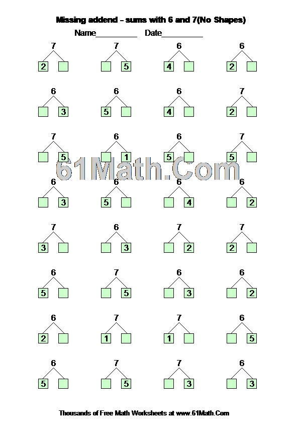 Missing addend - sums with 6 and 7(No Shapes)