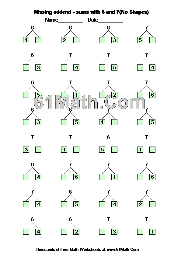 Missing addend - sums with 6 and 7(No Shapes)