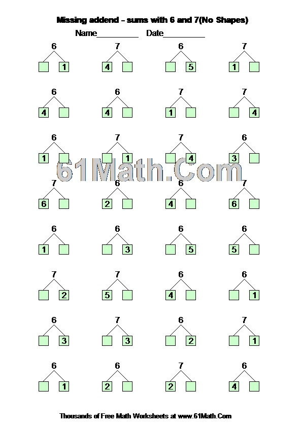 Missing addend - sums with 6 and 7(No Shapes)