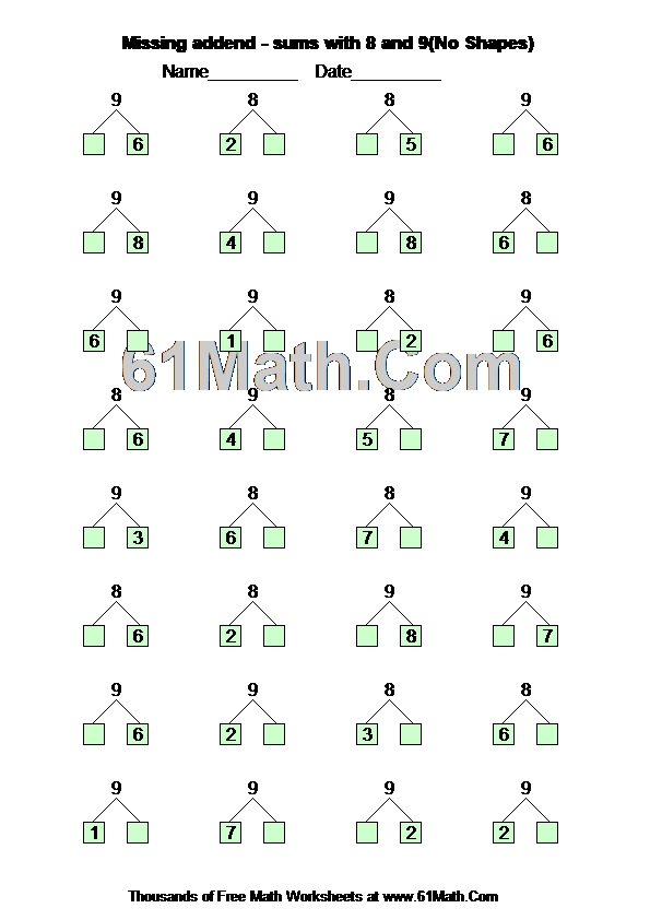 Missing addend - sums with 8 and 9(No Shapes)