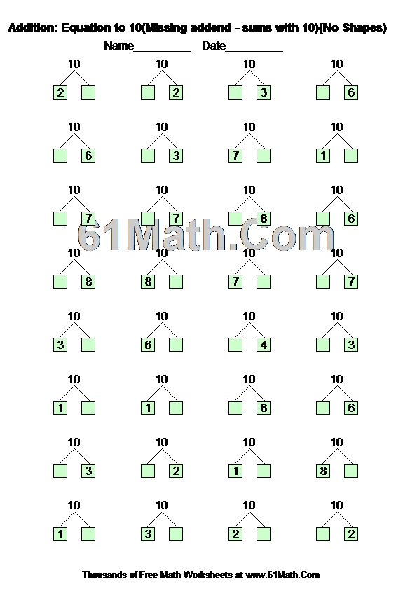 Addition: Equation to 10(Missing addend - sums with 10)(No Shapes)