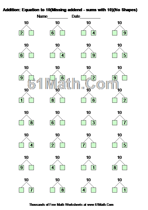 Addition: Equation to 10(Missing addend - sums with 10)(No Shapes)