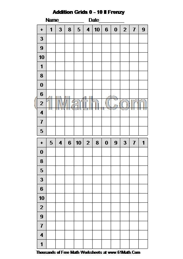 Addition Grids 0 - 10 II Frenzy