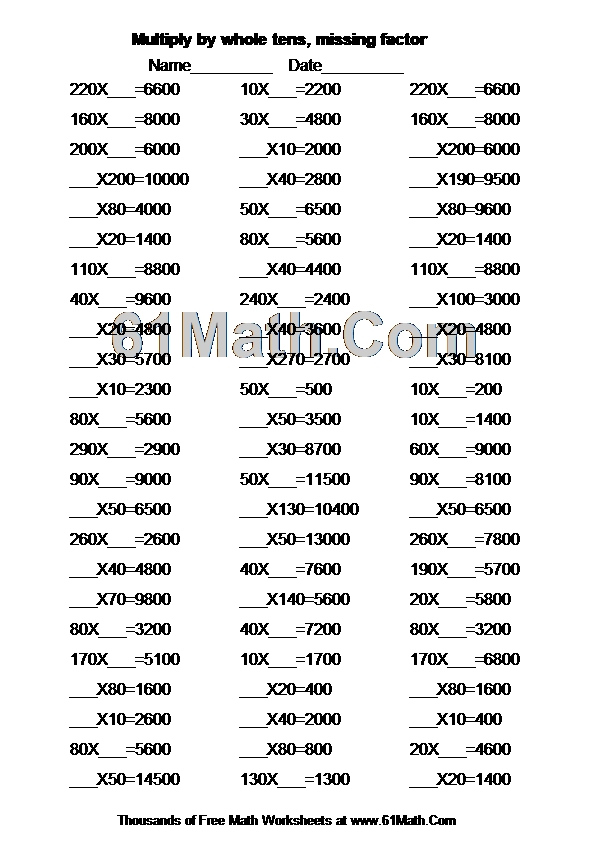 Multiply by whole tens, missing factor