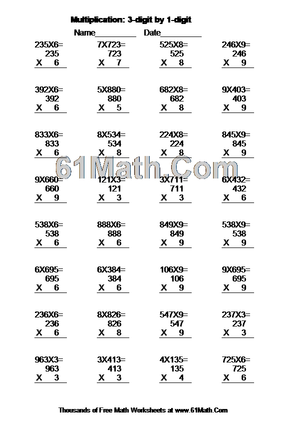 Multiplication: 3-digit by 1-digit