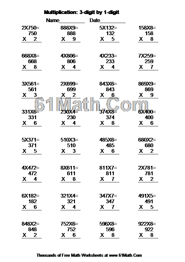 Multiplication: 3-digit by 1-digit