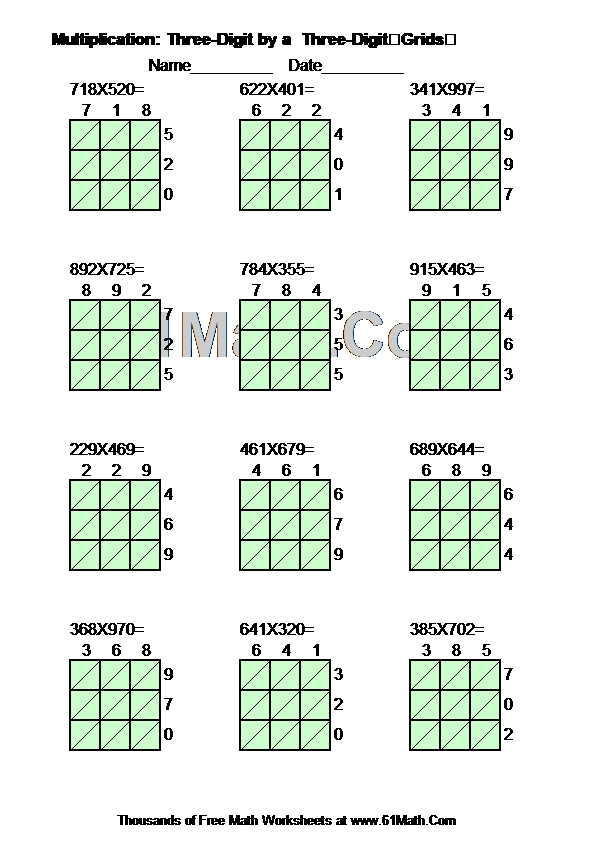 Multiplication: Three-Digit by a  Three-DigitGrids