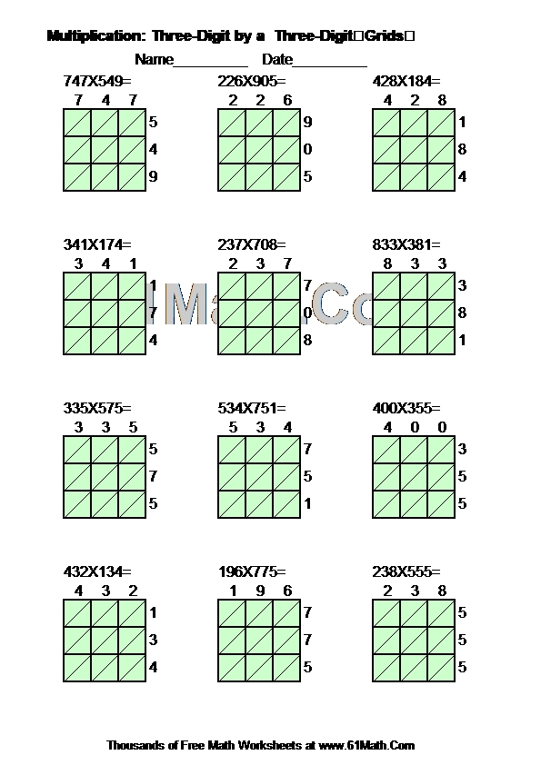 Multiplication: Three-Digit by a  Three-DigitGrids