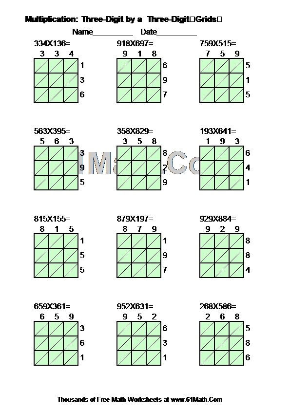 Multiplication: Three-Digit by a  Three-DigitGrids