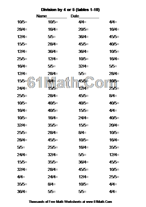 Division by 4 or 5 (tables 1-10)