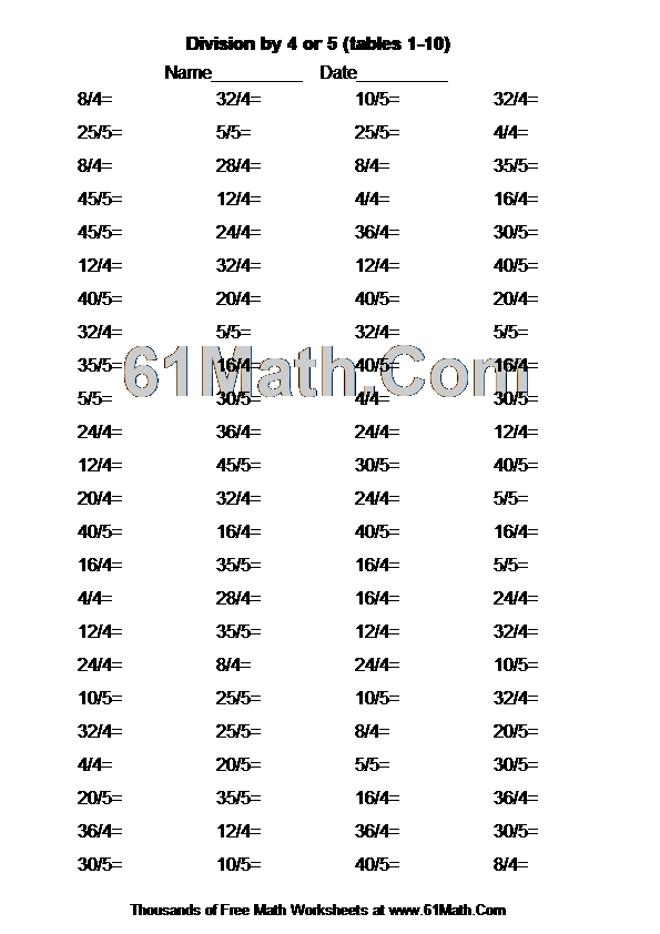 Division by 4 or 5 (tables 1-10)