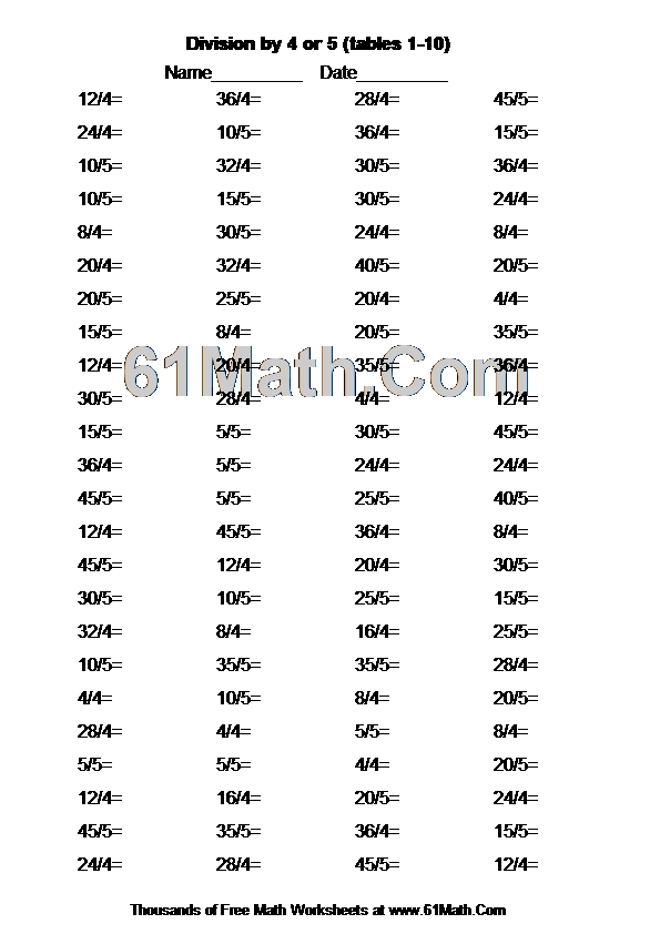 Division by 4 or 5 (tables 1-10)