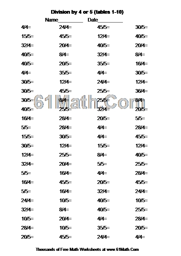 Division by 4 or 5 (tables 1-10)