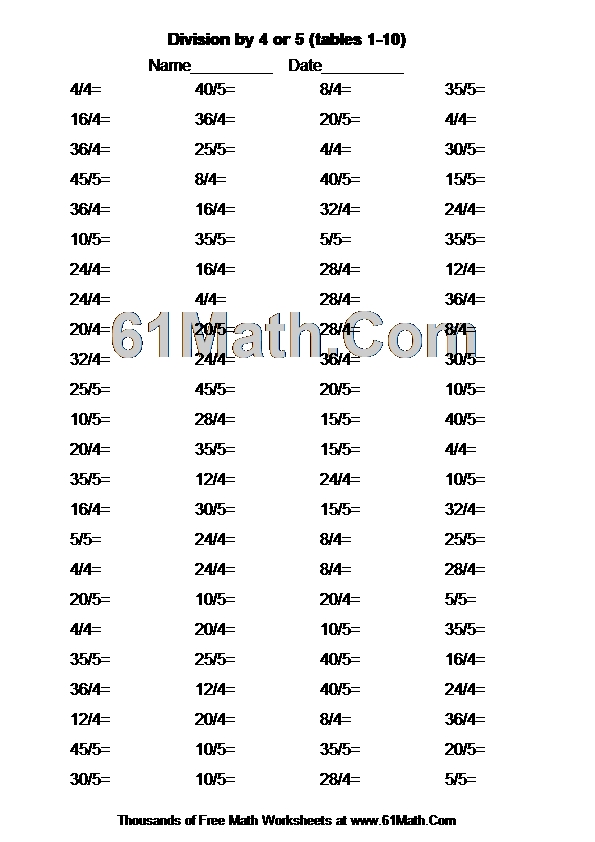 Division by 4 or 5 (tables 1-10)