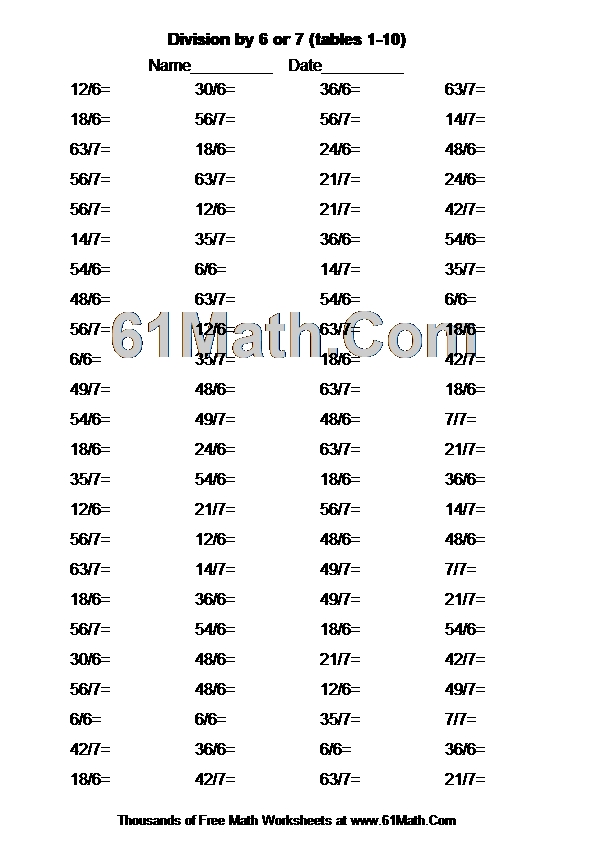 Division by 6 or 7 (tables 1-10)