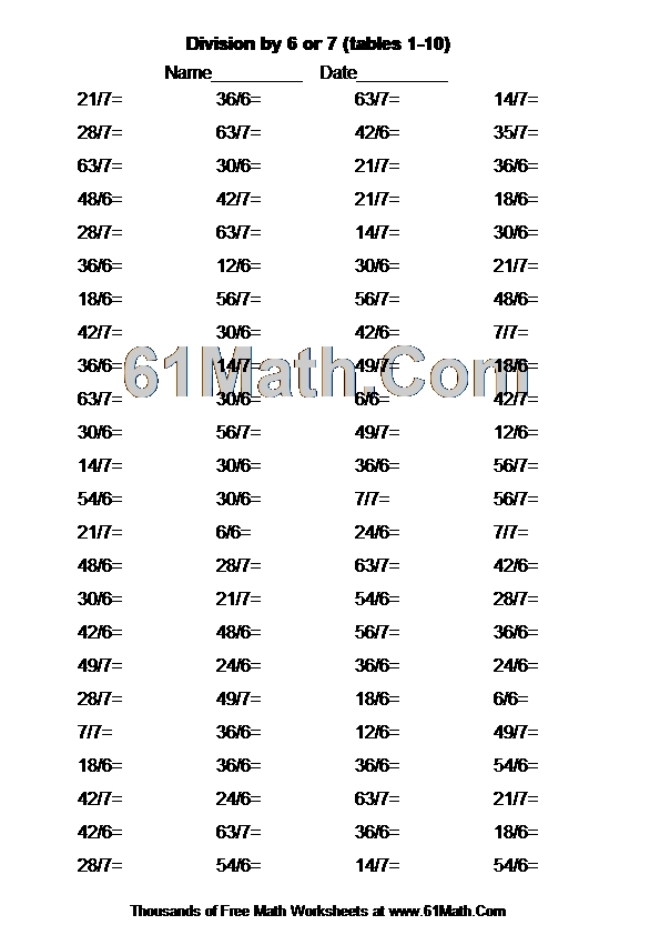 Division by 6 or 7 (tables 1-10)