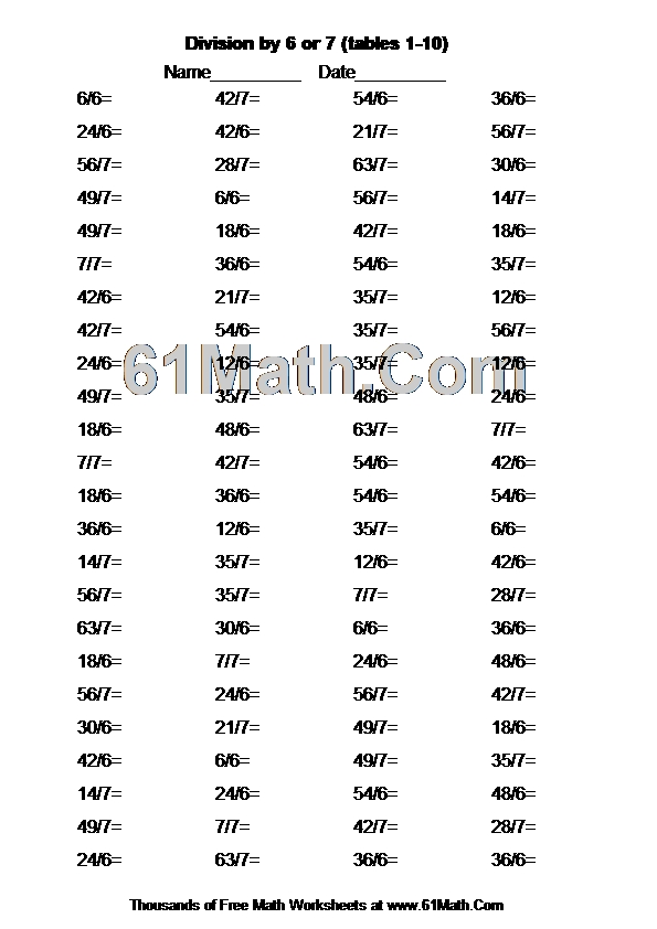 Division by 6 or 7 (tables 1-10)