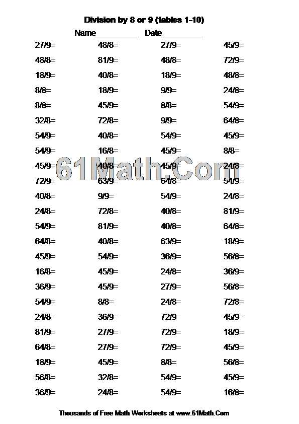 Division by 8 or 9 (tables 1-10)