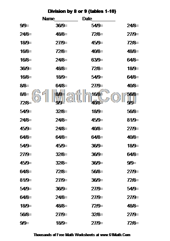 Division by 8 or 9 (tables 1-10)