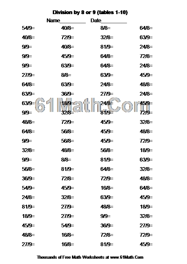 Division by 8 or 9 (tables 1-10)