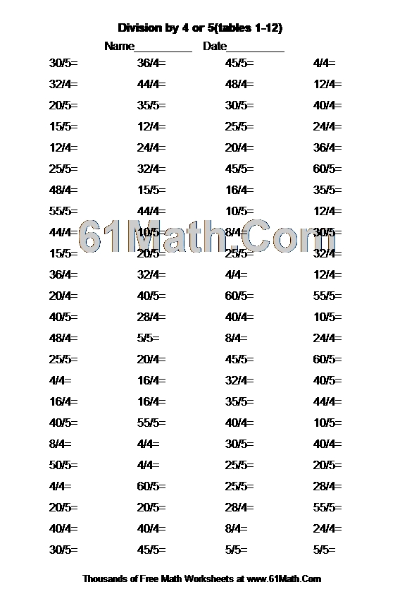 Division by 4 or 5(tables 1-12)