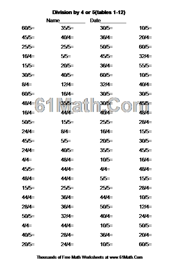 Division by 4 or 5(tables 1-12)