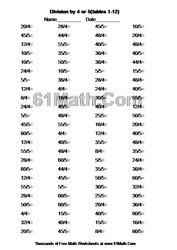 Division by 4 or 5(tables 1-12)