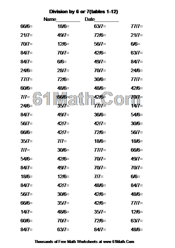 Division by 6 or 7(tables 1-12)