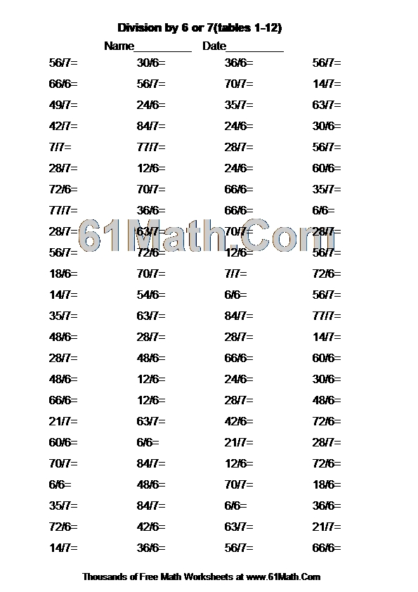 Division by 6 or 7(tables 1-12)