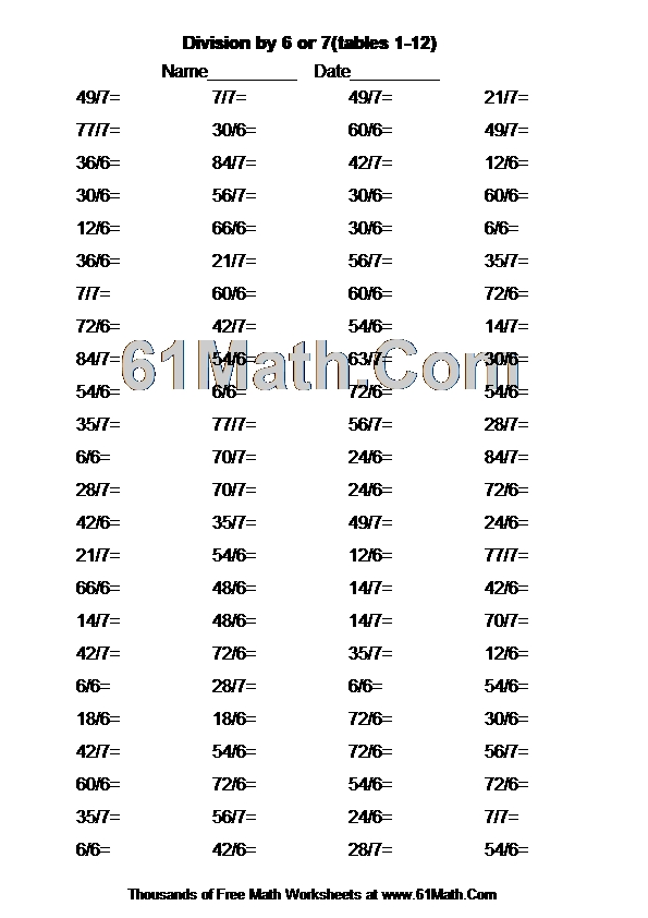 Division by 6 or 7(tables 1-12)