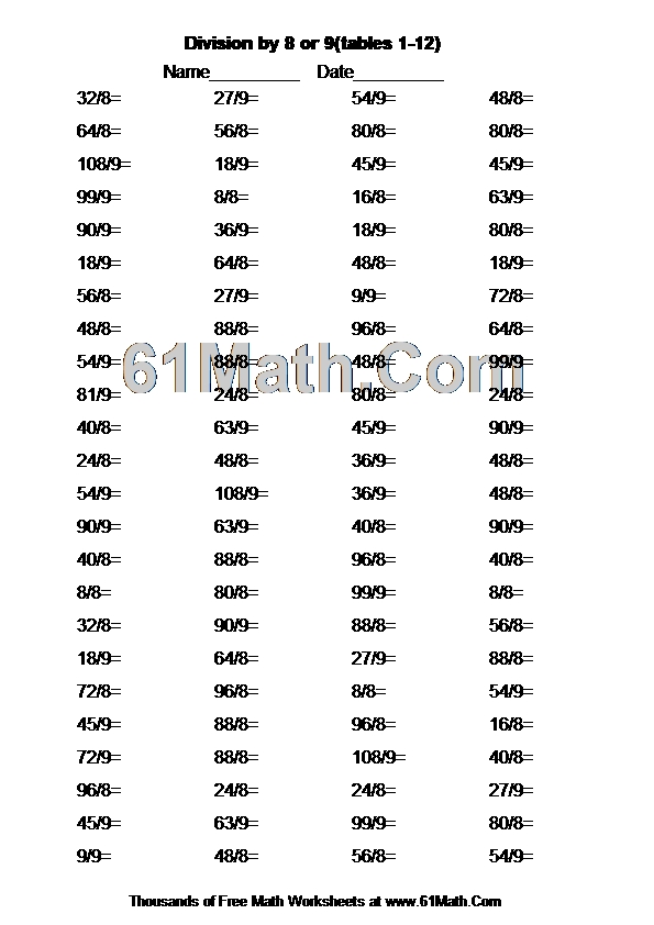 Division by 8 or 9(tables 1-12)
