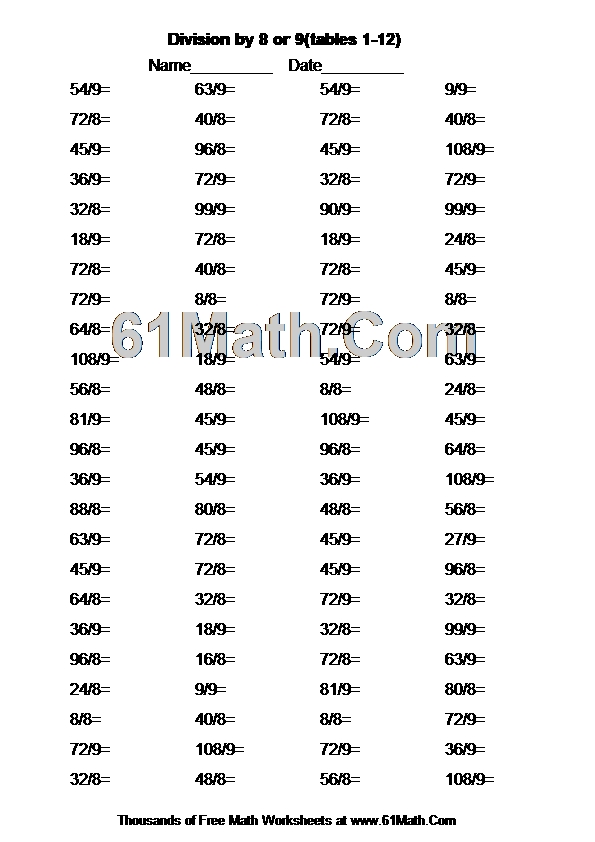 Division by 8 or 9(tables 1-12)