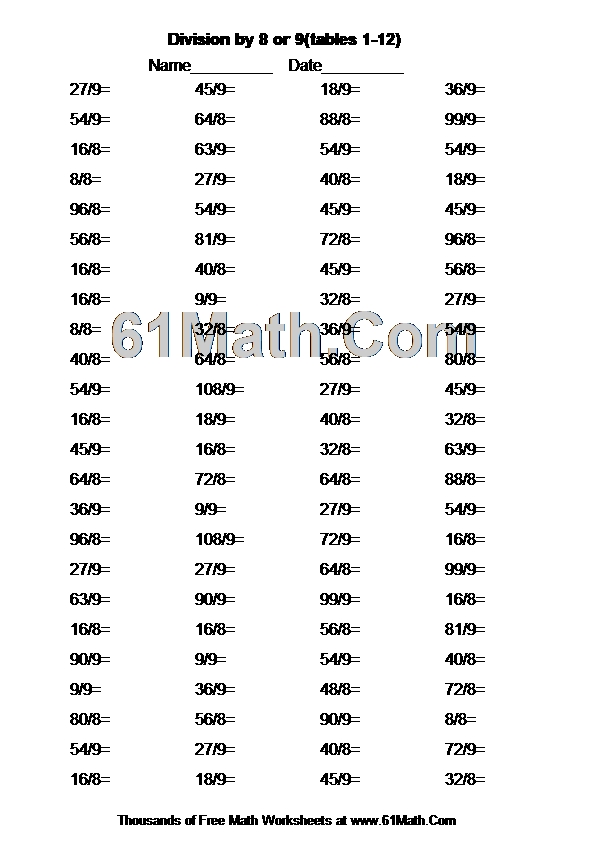 Division by 8 or 9(tables 1-12)