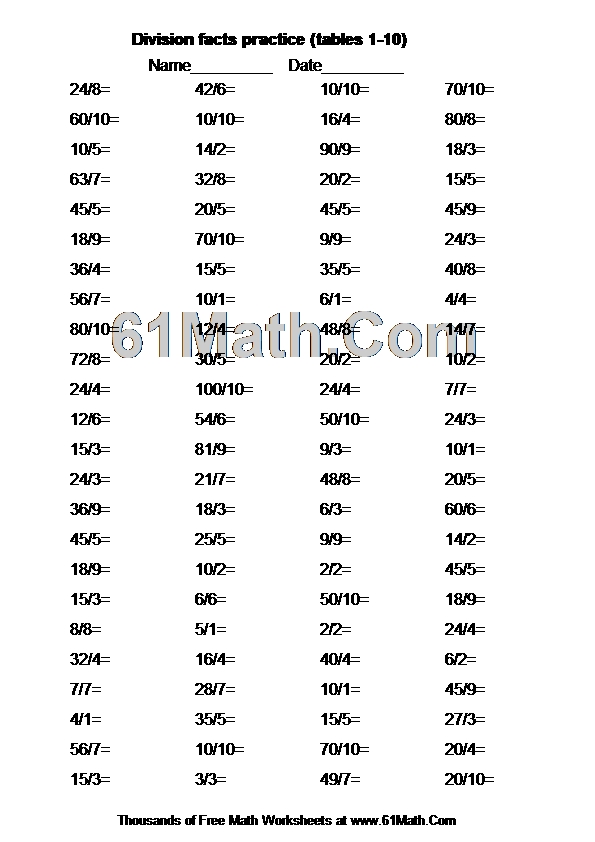 Division facts practice (tables 1-10)