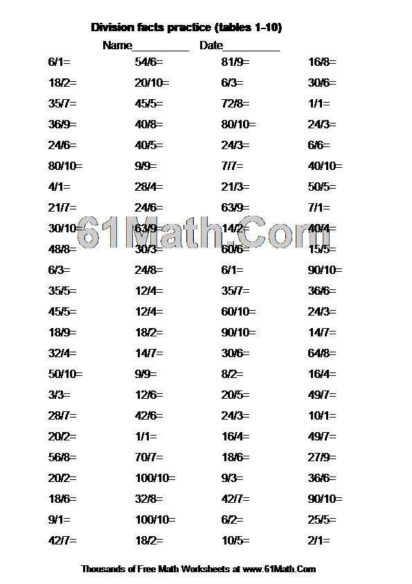Division facts practice (tables 1-10)