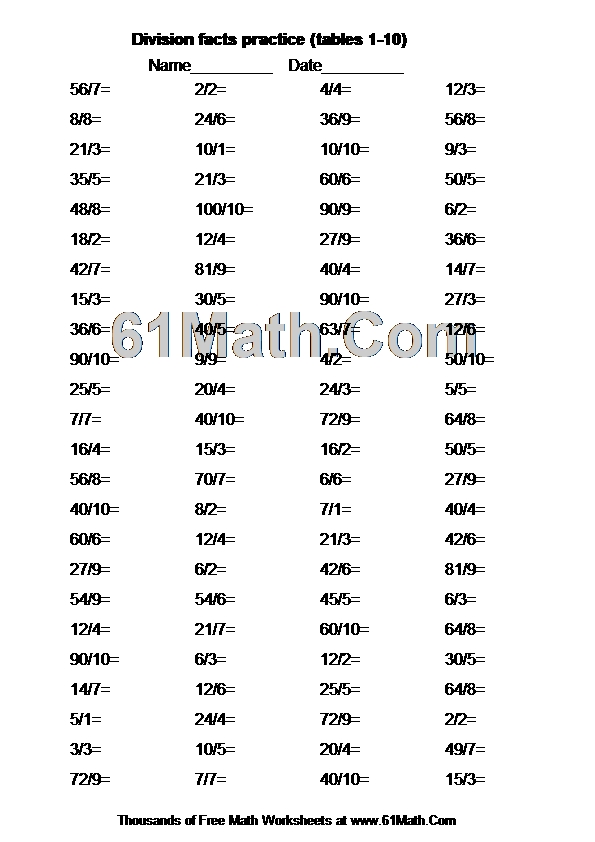 Division facts practice (tables 1-10)