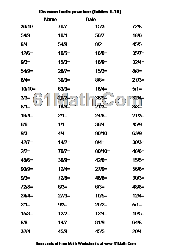 Division facts practice (tables 1-10)