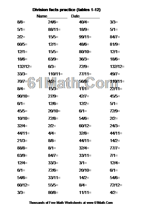 Division facts practice (tables 1-12)