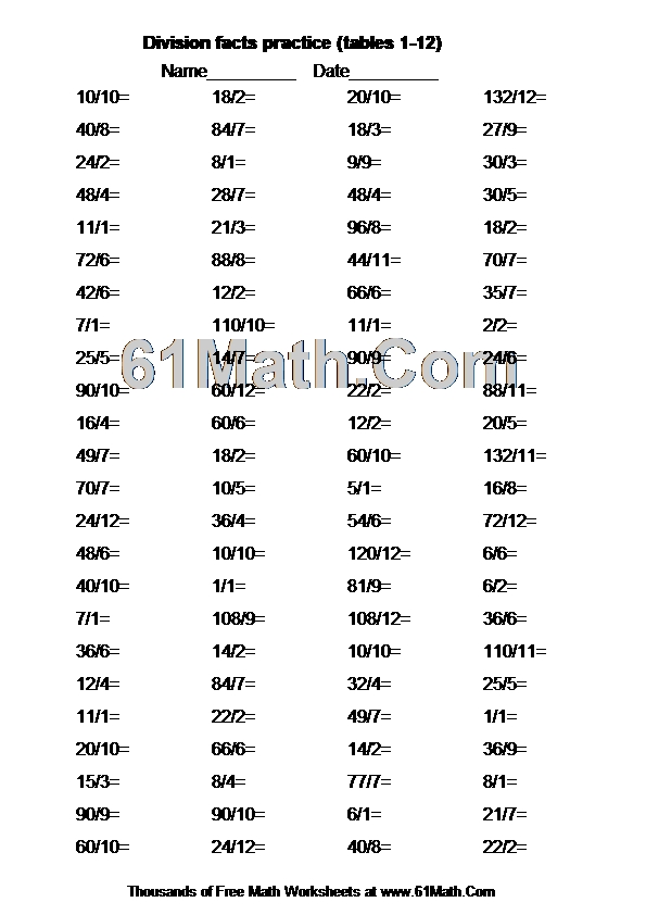Division facts practice (tables 1-12)