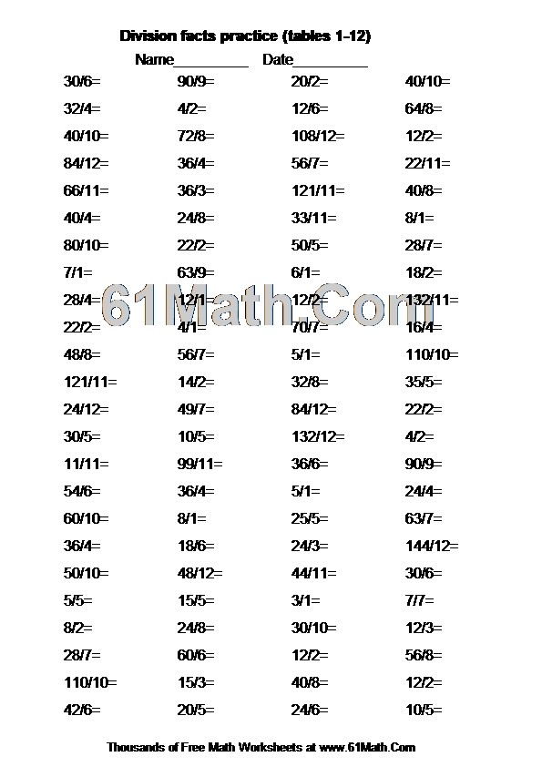 Division facts practice (tables 1-12)