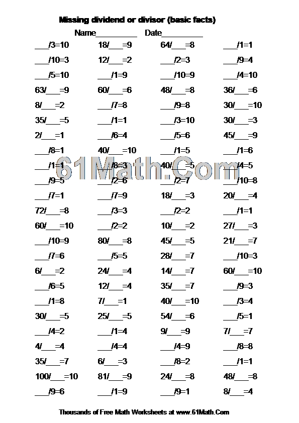 Missing dividend or divisor (basic facts)
