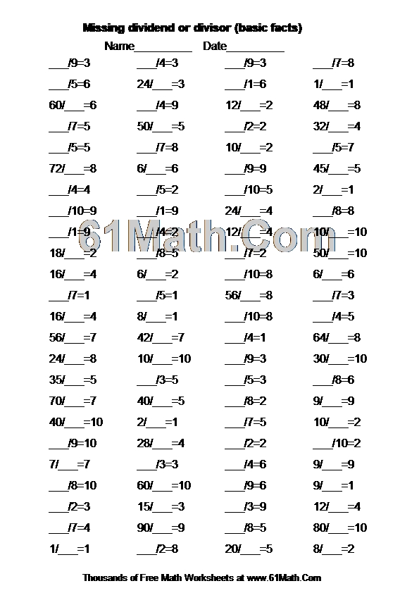 Missing dividend or divisor (basic facts)