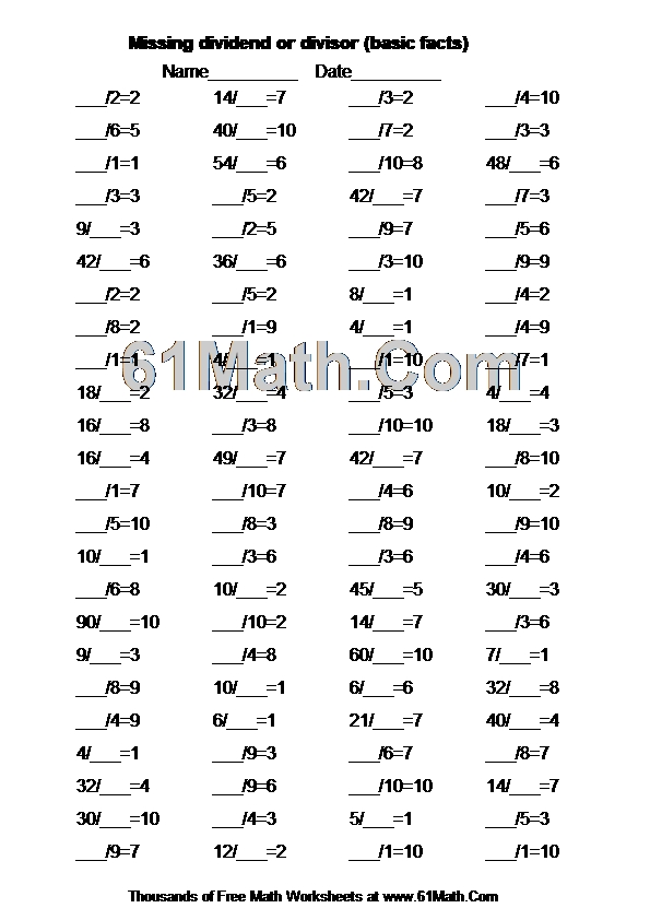 Missing dividend or divisor (basic facts)