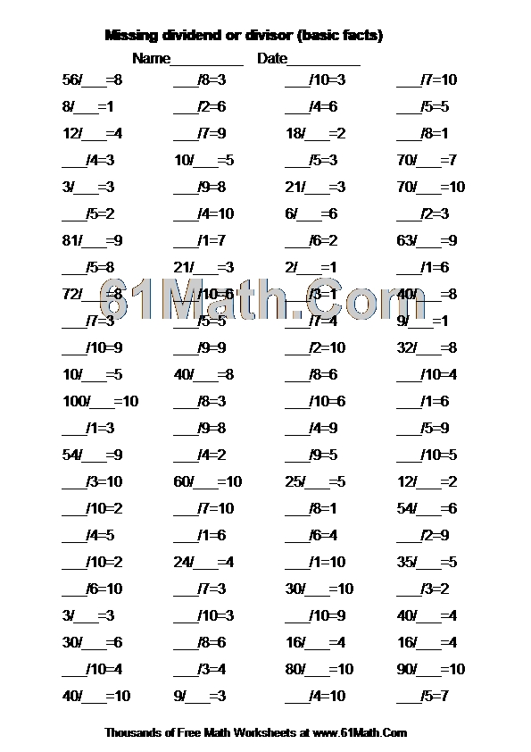 Missing dividend or divisor (basic facts)