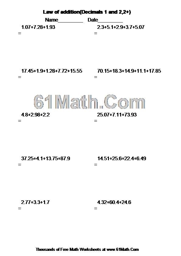 Law of addition(Decimals 1 and 2,2+)