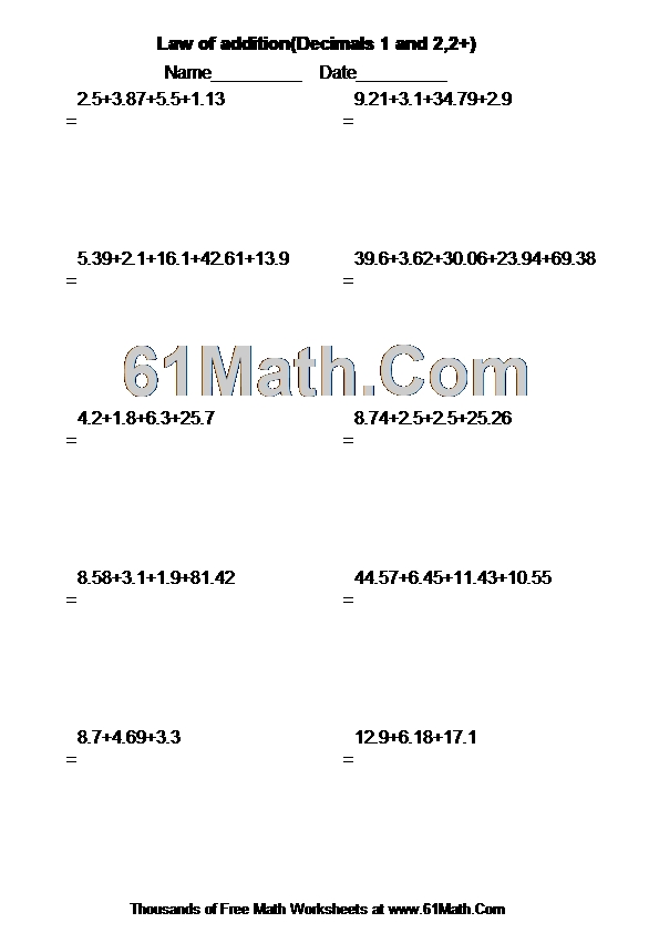 Law of addition(Decimals 1 and 2,2+)