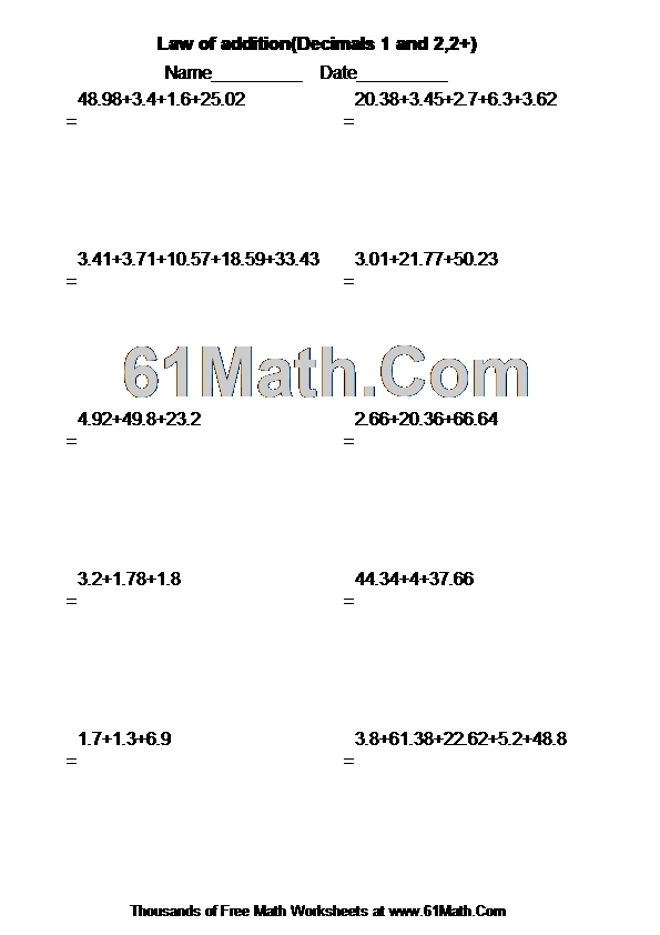 Law of addition(Decimals 1 and 2,2+)