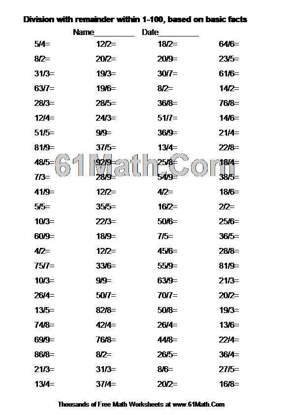 Division with remainder within 1-100, based on basic facts