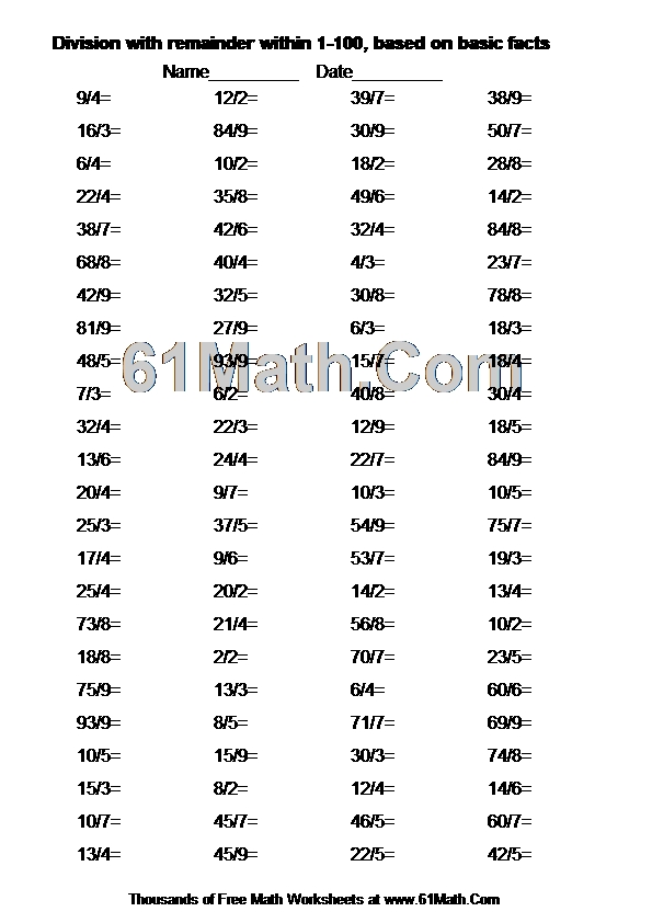 Division with remainder within 1-100, based on basic facts