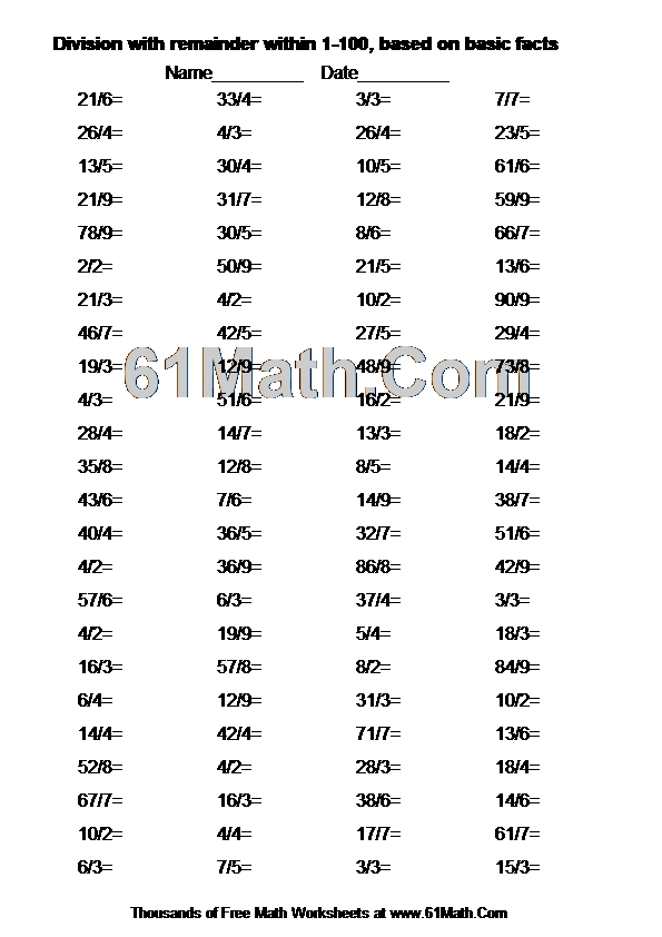 Division with remainder within 1-100, based on basic facts
